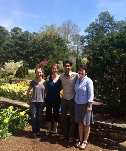 David Lab Members Enjoy the Duke Gardens (R to L: Aspen Reese, Heather Durand, Lawrence David, Rachael Bloom).